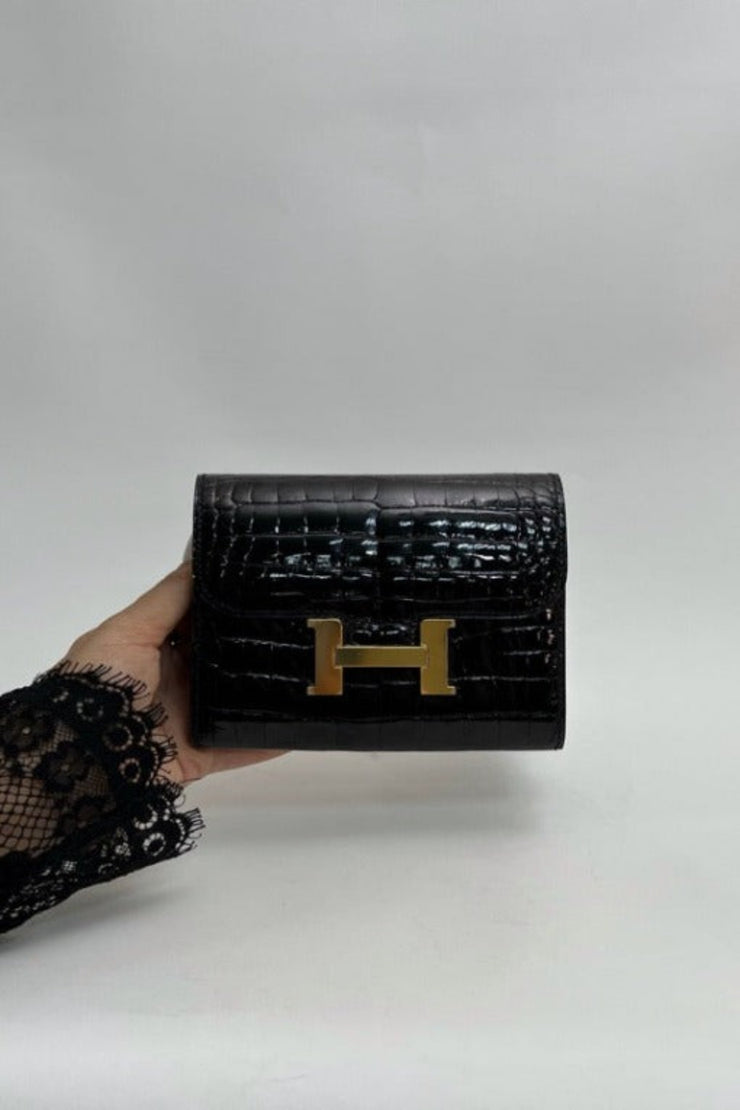 HERMES CONSTANCE COMPACT WALLET CROCODILE BROWN