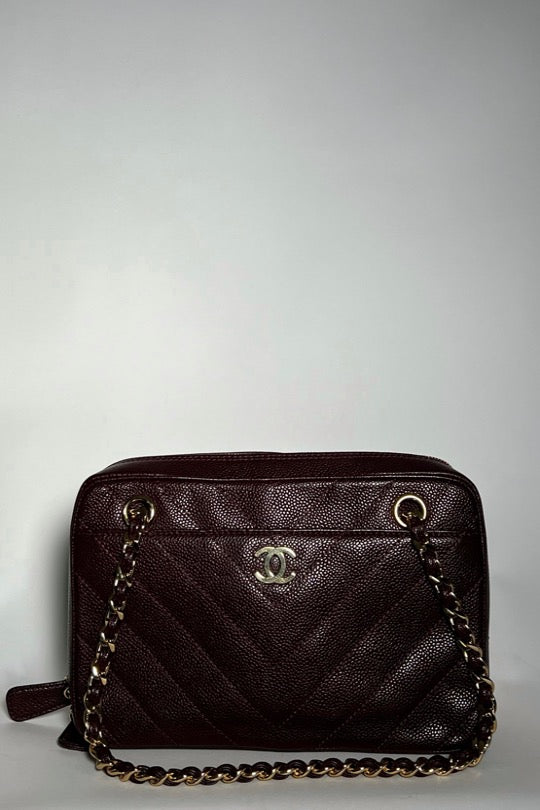 Vintage Chevron Pocket Camera Caviar Handbag