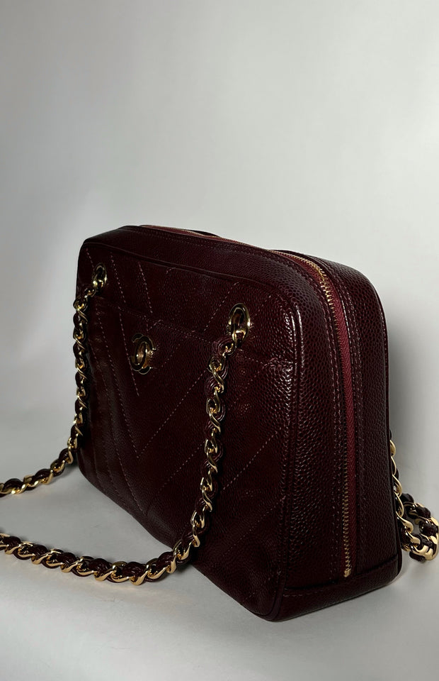 Vintage Chevron Pocket Camera Caviar Handbag