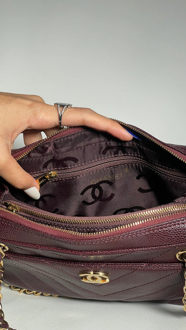Vintage Chevron Pocket Camera Caviar Handbag