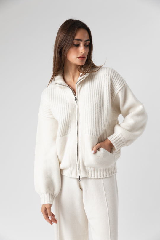 Cashmere Blend Zip Thru Jacket In Cream