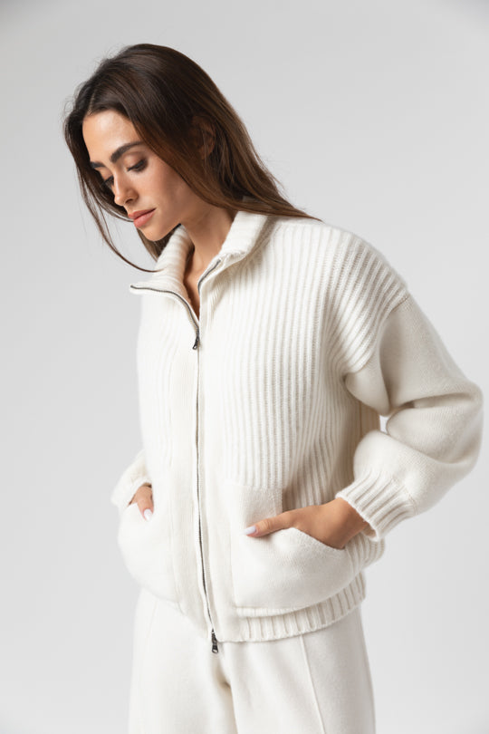 Cashmere Blend Zip Thru Jacket In Cream