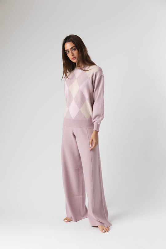 Women's Round Neck Argyle Jumper In Petal Pink And Rose
