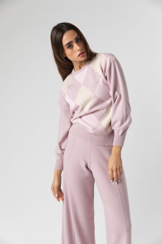 Women's Round Neck Argyle Jumper In Petal Pink And Rose