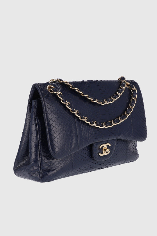 Chanel Dark Navy Python Jumbo Classic Double Flap Shoulder Bag
