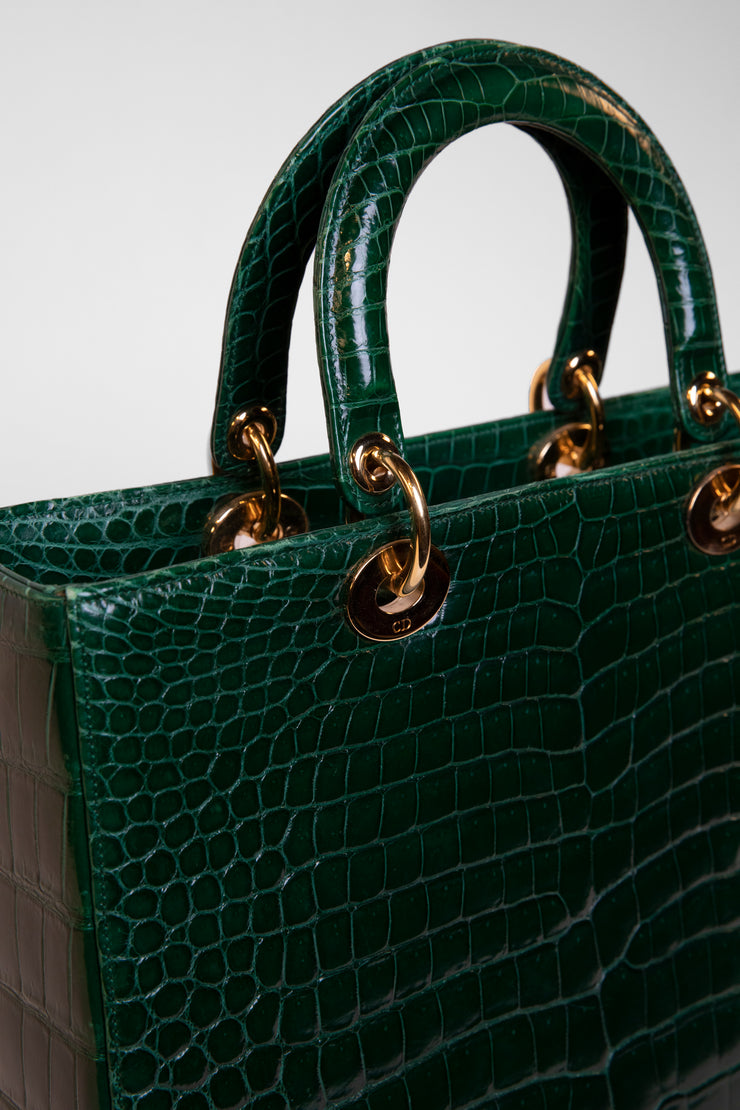 Christian Dior Lady Dior medium black exotic crocodile leather handbag bag  purse