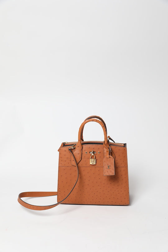 City Streamer PM Cognac Autruche Leather Handbag (Brand New)