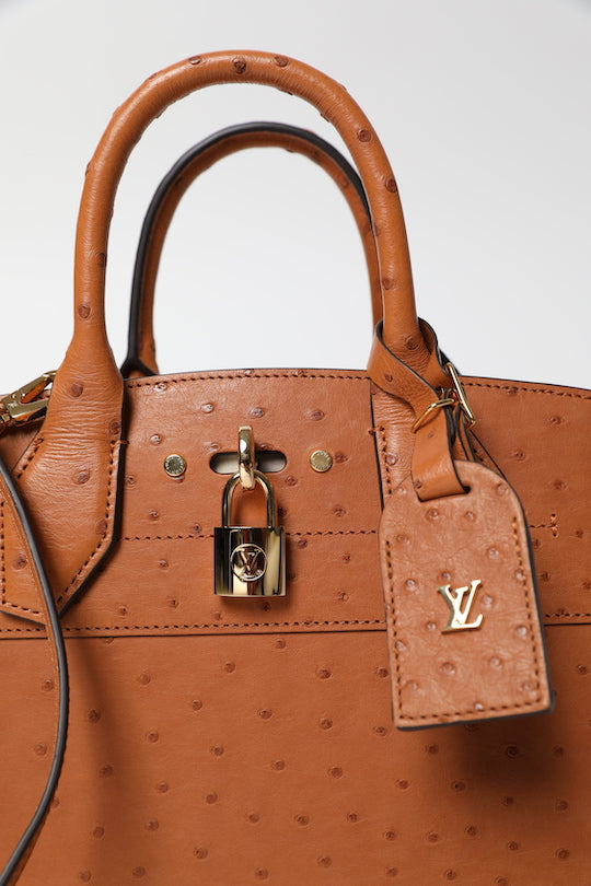 City Streamer PM Cognac Autruche Leather Handbag (Brand New)